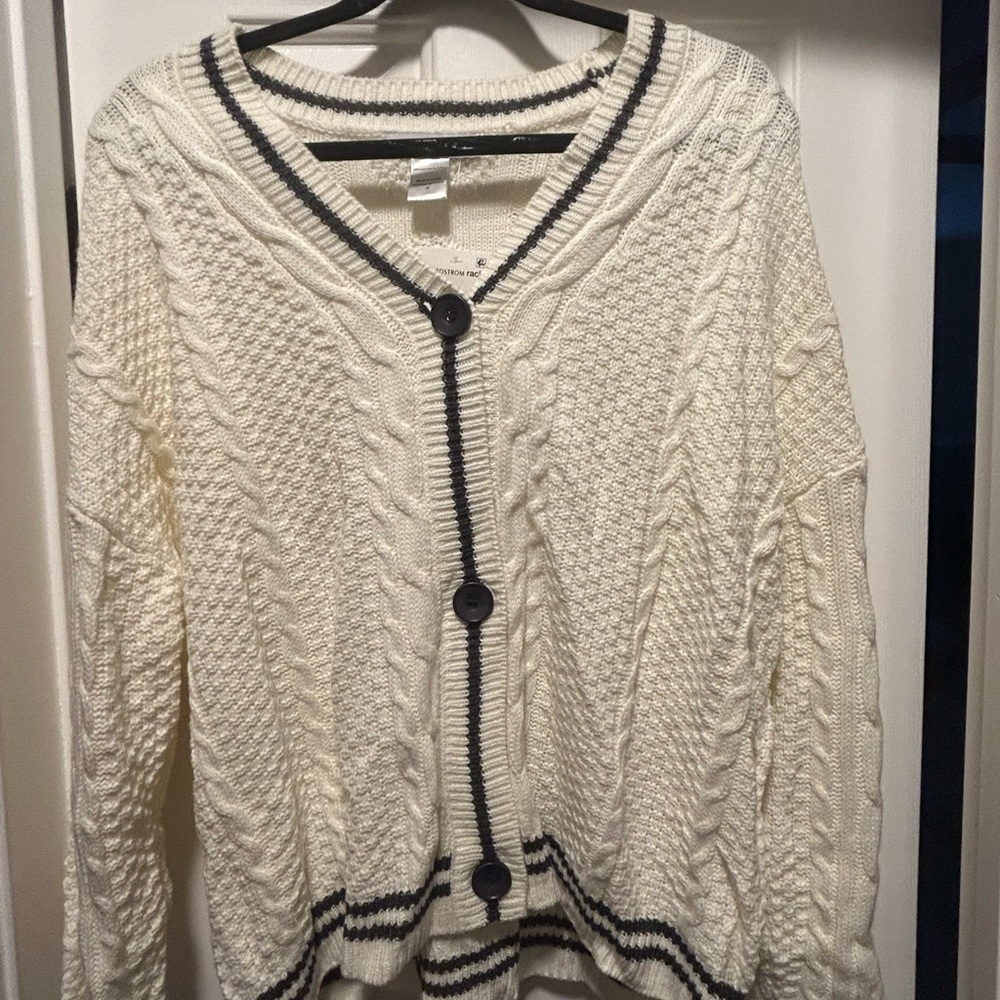 Women's Cotton Emporium White Cable Knit Cardigan